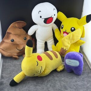Lot of Five (5) Plush Toys Two Pikachu The Odd 1'S Out Poop Among Us